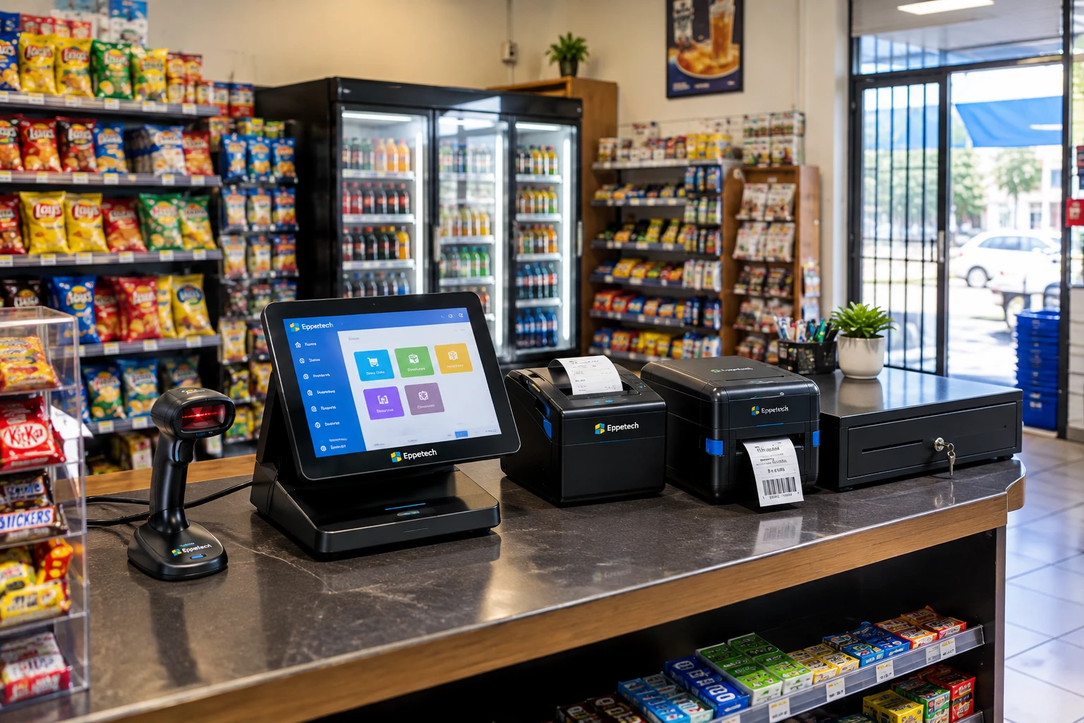 Shop counter with a POS terminal, receipt printer, label printer, cash drawer and barcode scanner