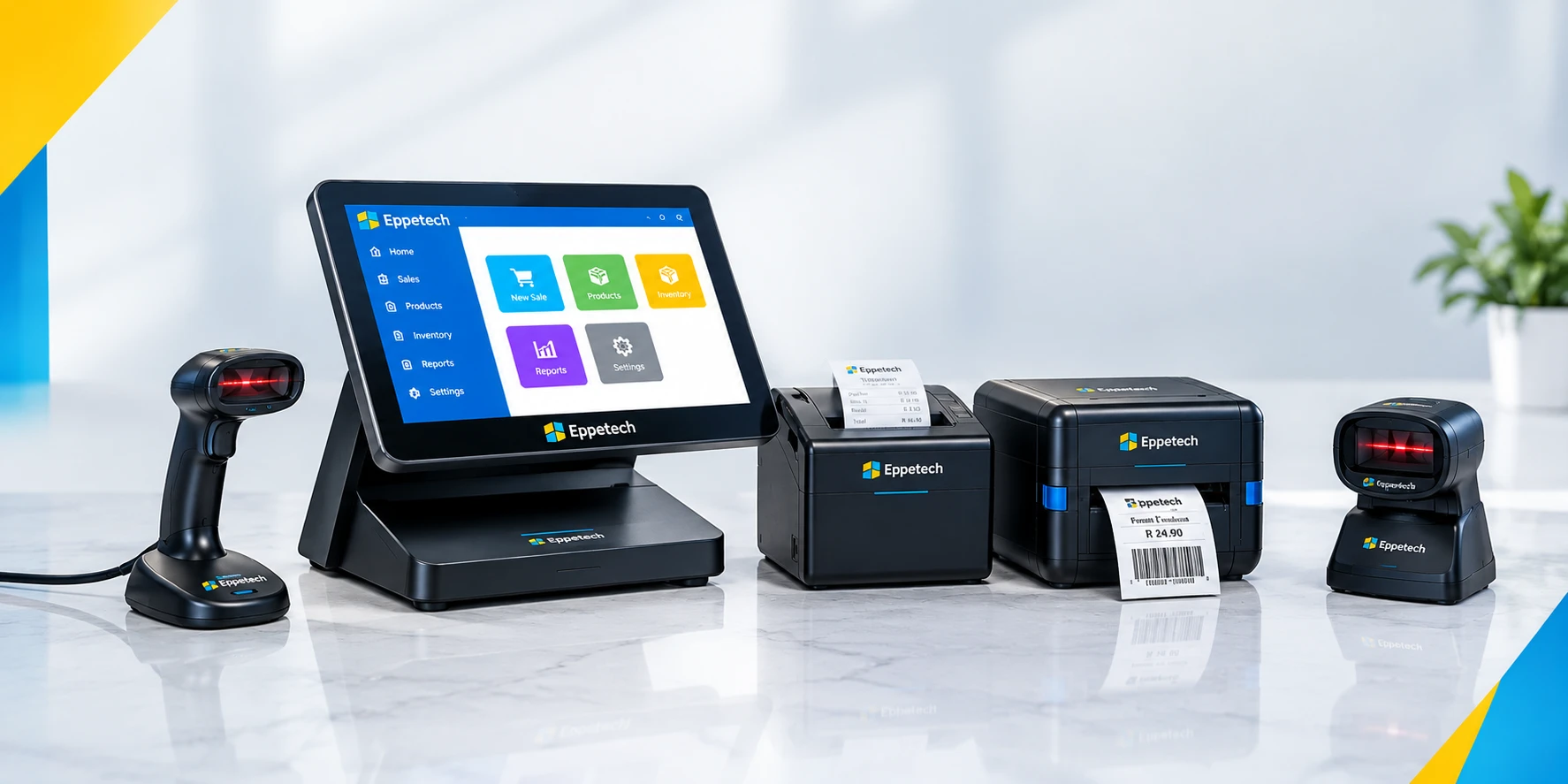 POS terminal, receipt printer, label printer and two barcode scanners on a counter