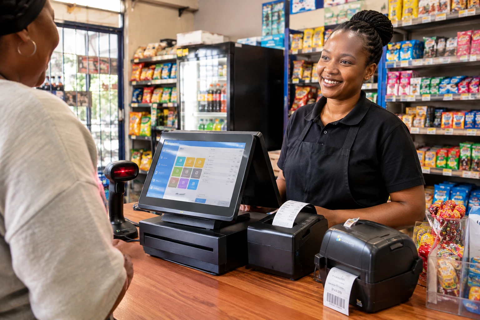 Cashier serving a customer at a convenience store counter with a POS terminal, receipt printer, label printer and scanner